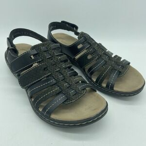 Clarks Women Size 6.5M Black Leather Alexis Fisherman‎ Footbed Sandals Comfort